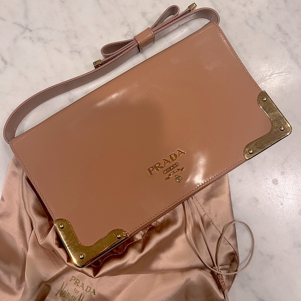 Prada Limited Release Nude Patent Leather Pouchette Clutch